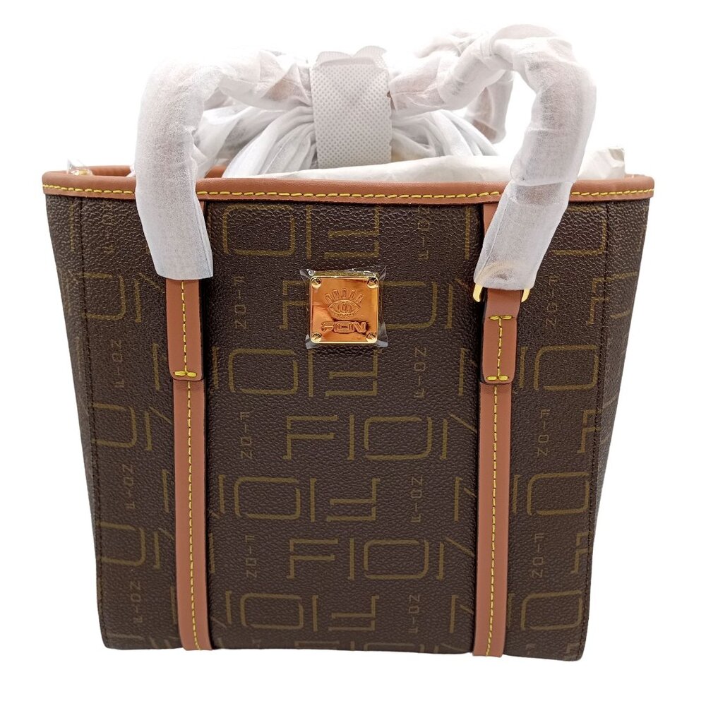 FION HK Monogram Small Leather Mini Bucket Style Crossbody Tote Bag Brown NWT